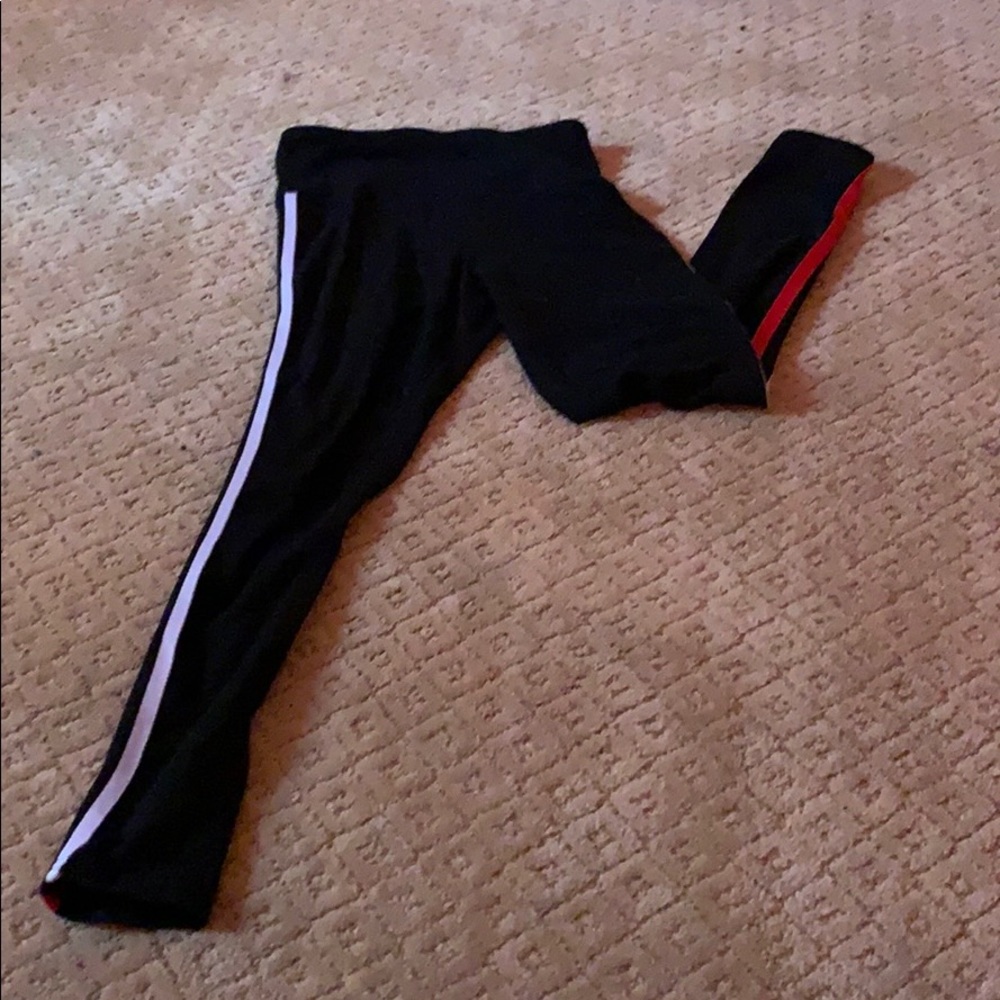 black, white, and red striped tights / leggings